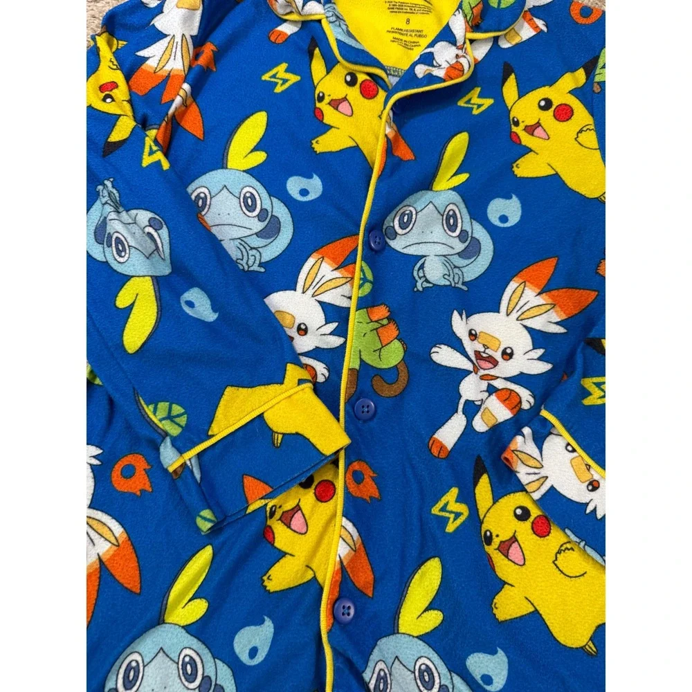 Pokemon Pajama‎ Set Size 8 Blue Pikachu Scorbunny Fleece Button Down Sleepwear